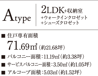 Atype 2LDK+収納室+ウォークインクロゼット+シューズクロゼット ■ 住戸専有面積：71.69㎡（約21.68坪） ■ バルコニー面積：11.19㎡（約3.38坪） ■ サービスバルコニー面積：3.50㎡（約1.05坪） ■ アルコーブ面積：5.03㎡（約1.52坪）